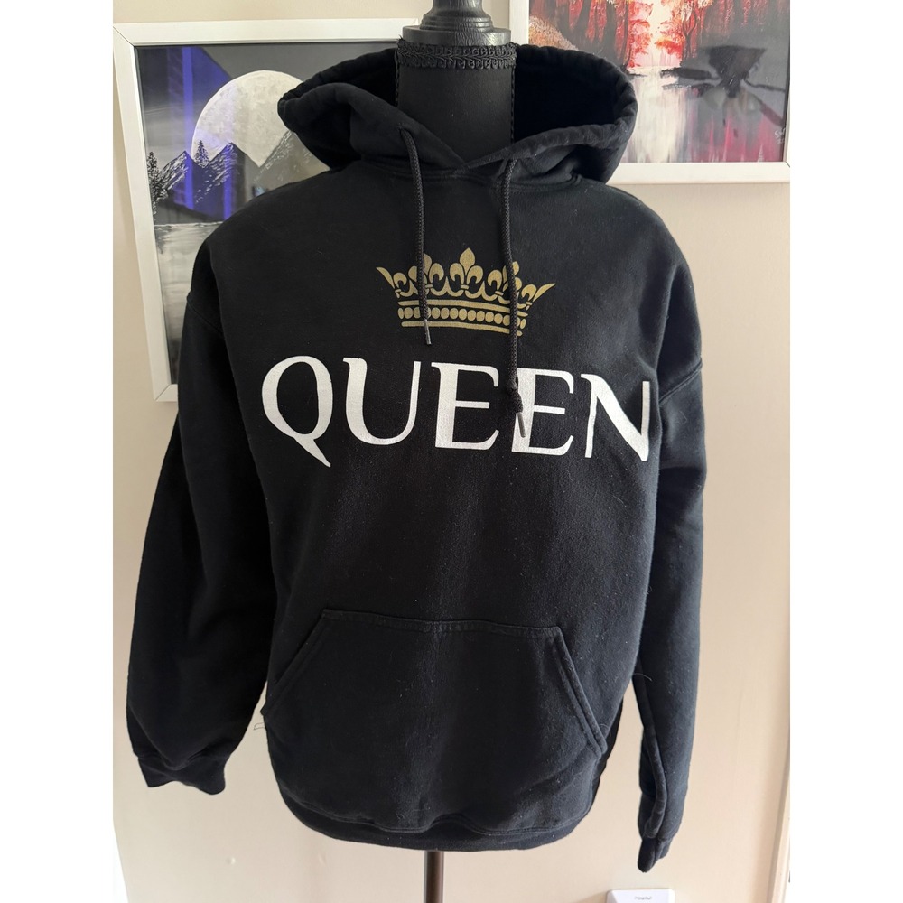 Gildan Heavy Blend Queen Crown Graphic Hoodie Black Gold White Womens Size M